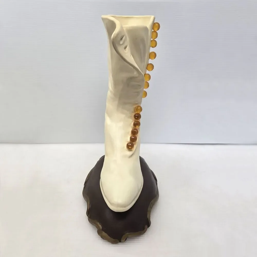 Atlantic Mold White Ceramic Victorian High Top Button Boot Vase Lace Up Shoe Vtg